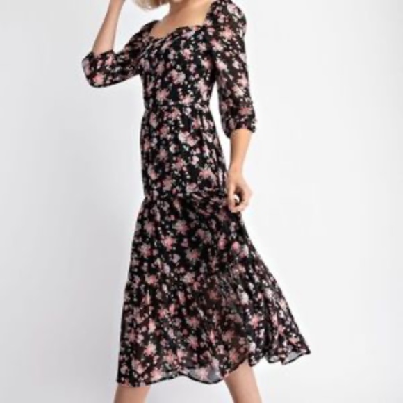 bohemian Dresses & Skirts - Black Floral Bohemian Tiered Midi Smocked Lightweight 3/4 Sleeve Dress L…